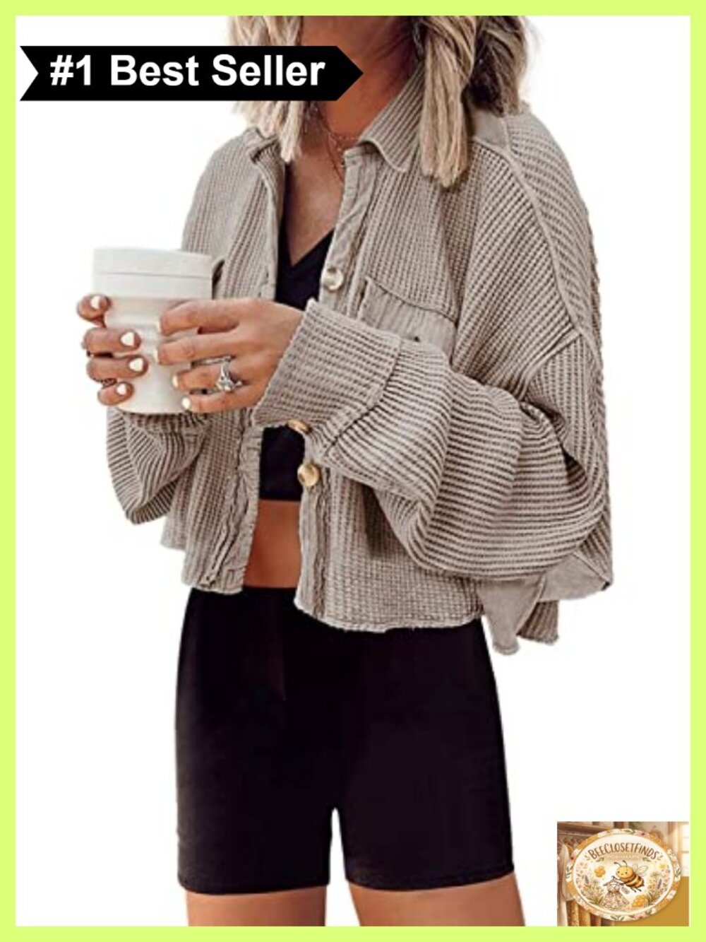 Waffle Knit Cropped Jacket Button Down Oversized Shacket Casual